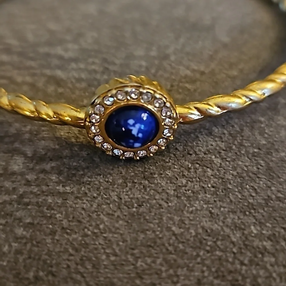 Dainty Twisted Goldtone Faux Blue Gem  Bangle Bracelet